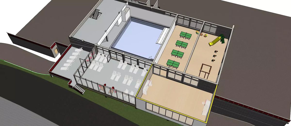 Architekturplan mit Schwimmbad, Ruheraum und Indoor-Spielbereich